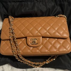 Inspired Quilted Double Flap Shoulder Bag in Camel Brown with Gold Hardware